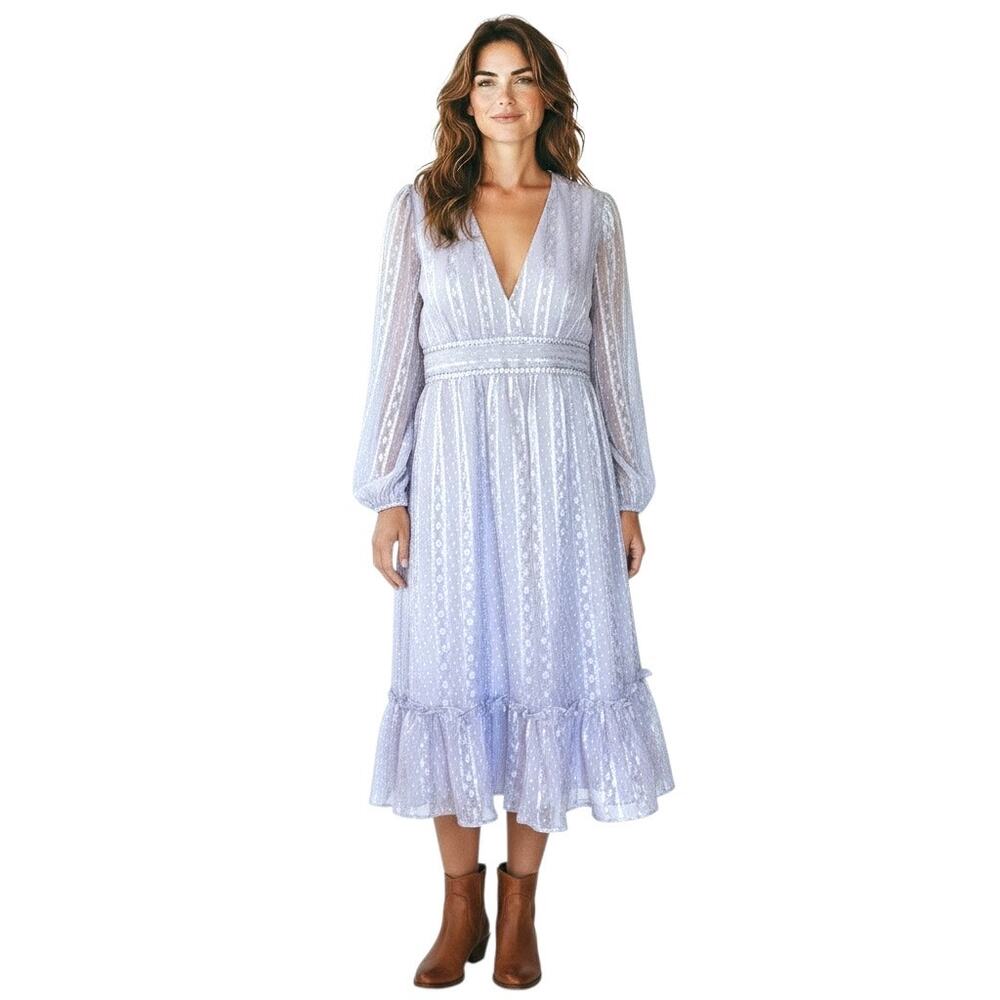 Tea n Rose Metallic Lilac Patterned Boho Long sleeve ruffled midi dress-Medium